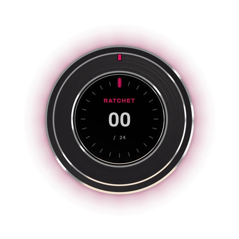 Detent One in Graphite, seen from directly above, the round display dark