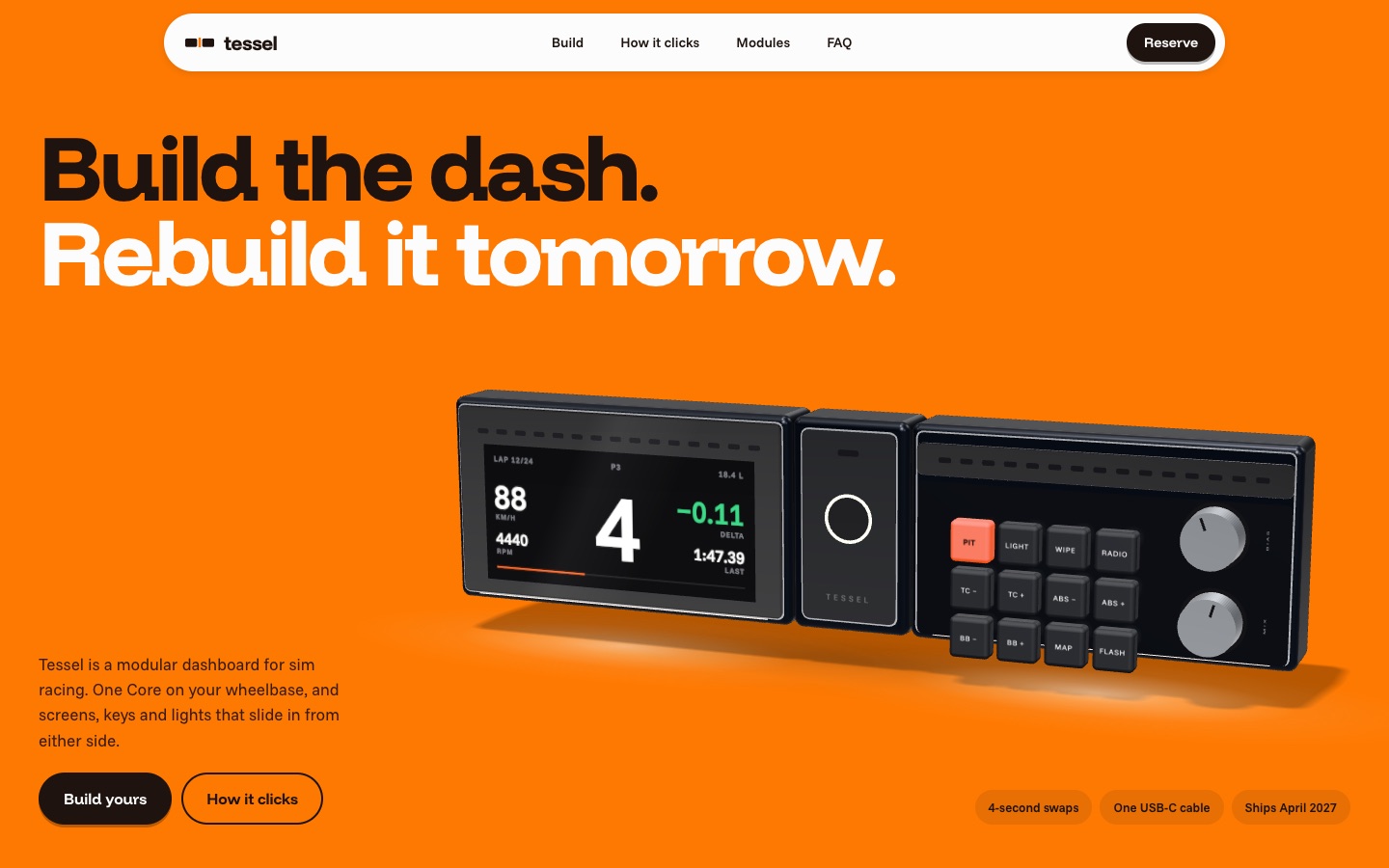 Direction C hero: graphite dash on a papaya orange background, headline Build the dash, Rebuild it tomorrow